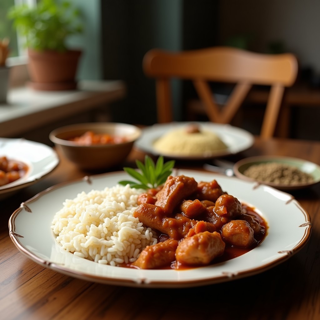 Plato hondo de cerámica blanca con bility de pollo en salsa cremosa y amarillenta, servida sobre arroz basmati esponjoso y perfumado con azafrán. Decorado con cilantro fresco picado y almendras fileteadas doradas. Fondos de especias enteras como cardamomo y canela dispersas alrededor.