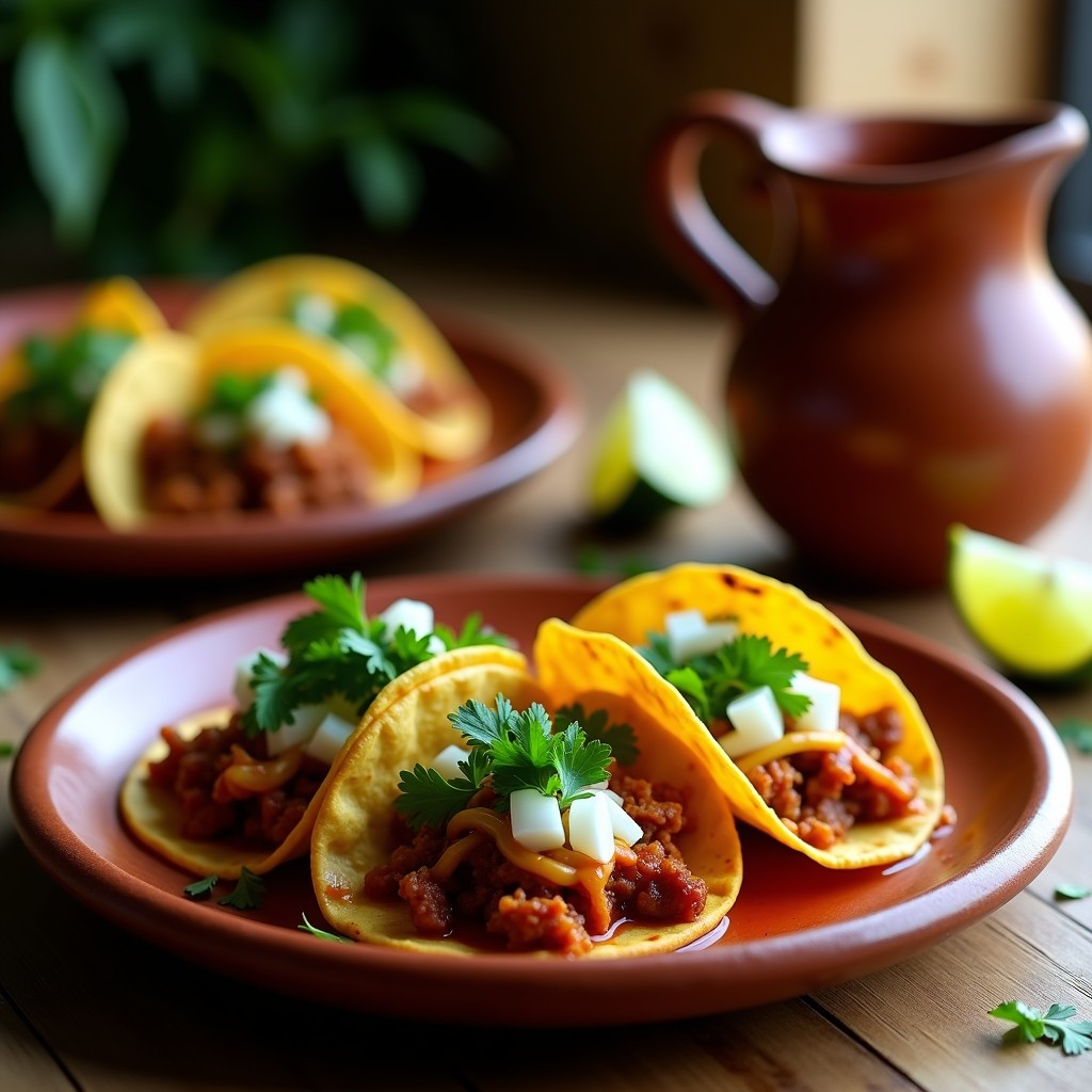 Plato de birria vegana de jackfruit en horno, servida en tacos de maíz con queso vegano derretido, cilantro fresco y gajos de limón. Consomé especiado en jarra de barro al lado, sobre mesa rústica de madera.