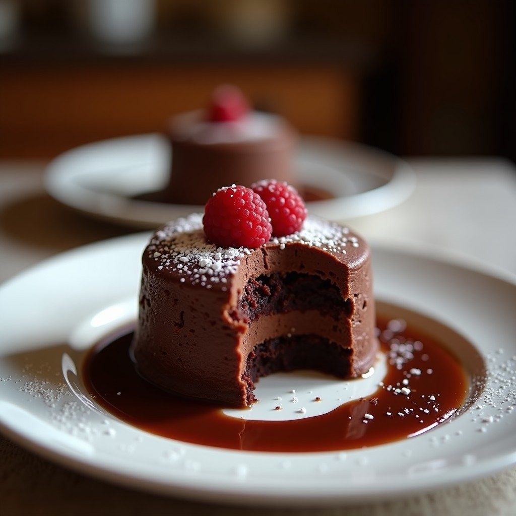 Biscocho esponjoso de castaña y chocolate negro sin harina, cortado en porciones y servido en un plato de cerámica blanca con virutas de chocolate por encima.