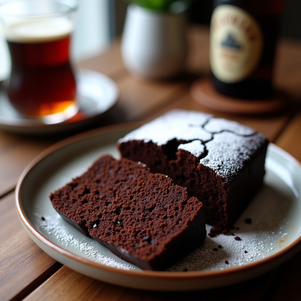 Biscocho oscuro y esponjoso de cerveza negra y chocolate, cortado en rebanadas, con migas húmedas y textura aireada, servido en plato rústico.