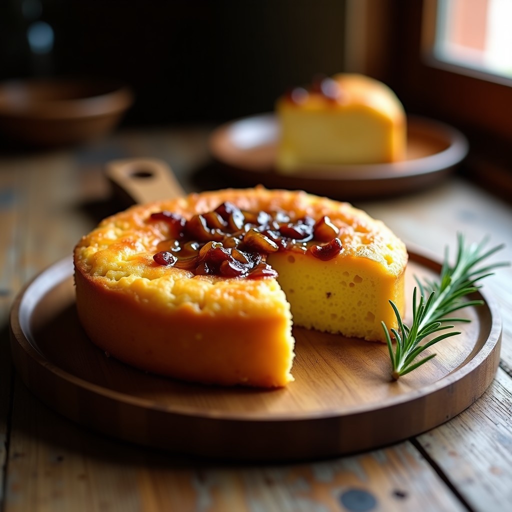 Bizcocho esponjoso dorado con trozos de cebolla caramelizada en la superficie, servido en una tabla de madera rústica con una rama de romero fresco.