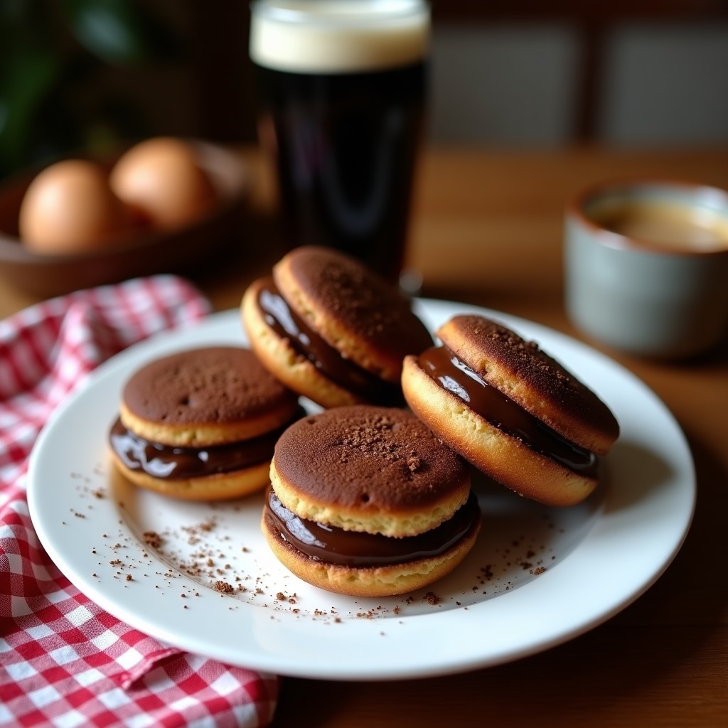 Biscochos borrachos de cerveza negra y chocolate sobre una rejilla de metal, con chips de chocolate derritiéndose ligeramente en la superficie, fondo rústico con una taza de café.