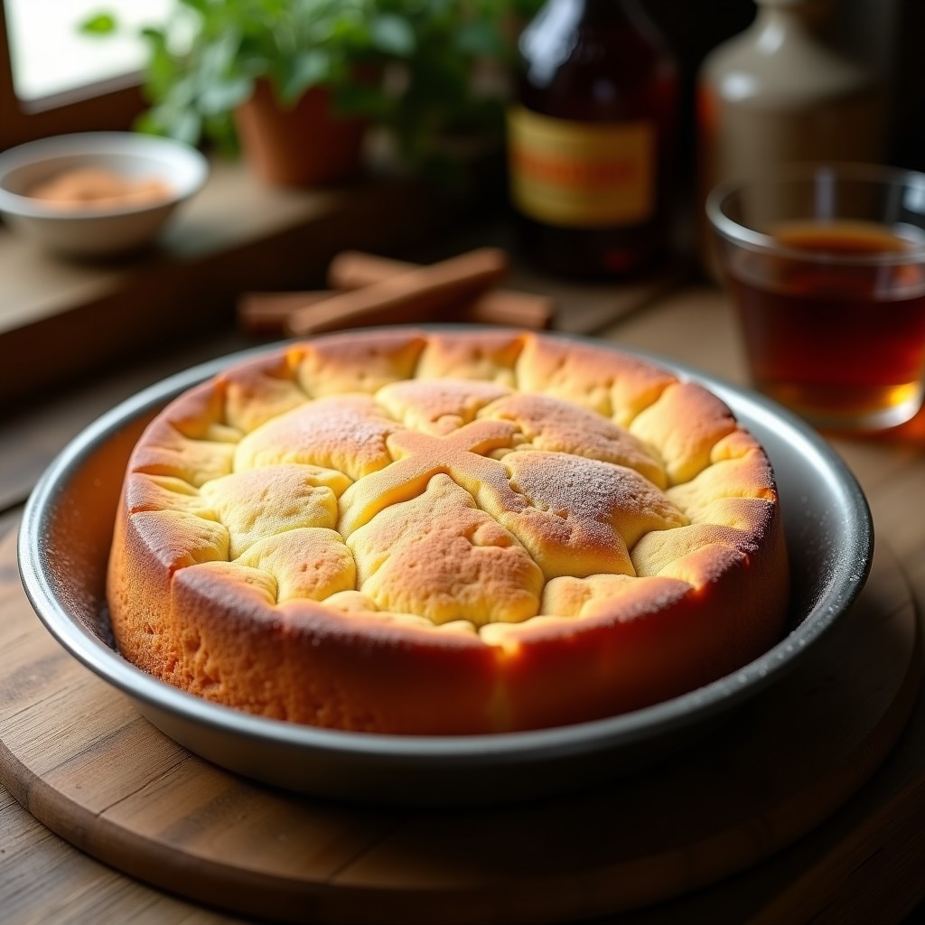 Biscocho borracho con ron en molde redondo, dorado y esponjoso, con detalles de canela y textura húmeda, receta tradicional casera.