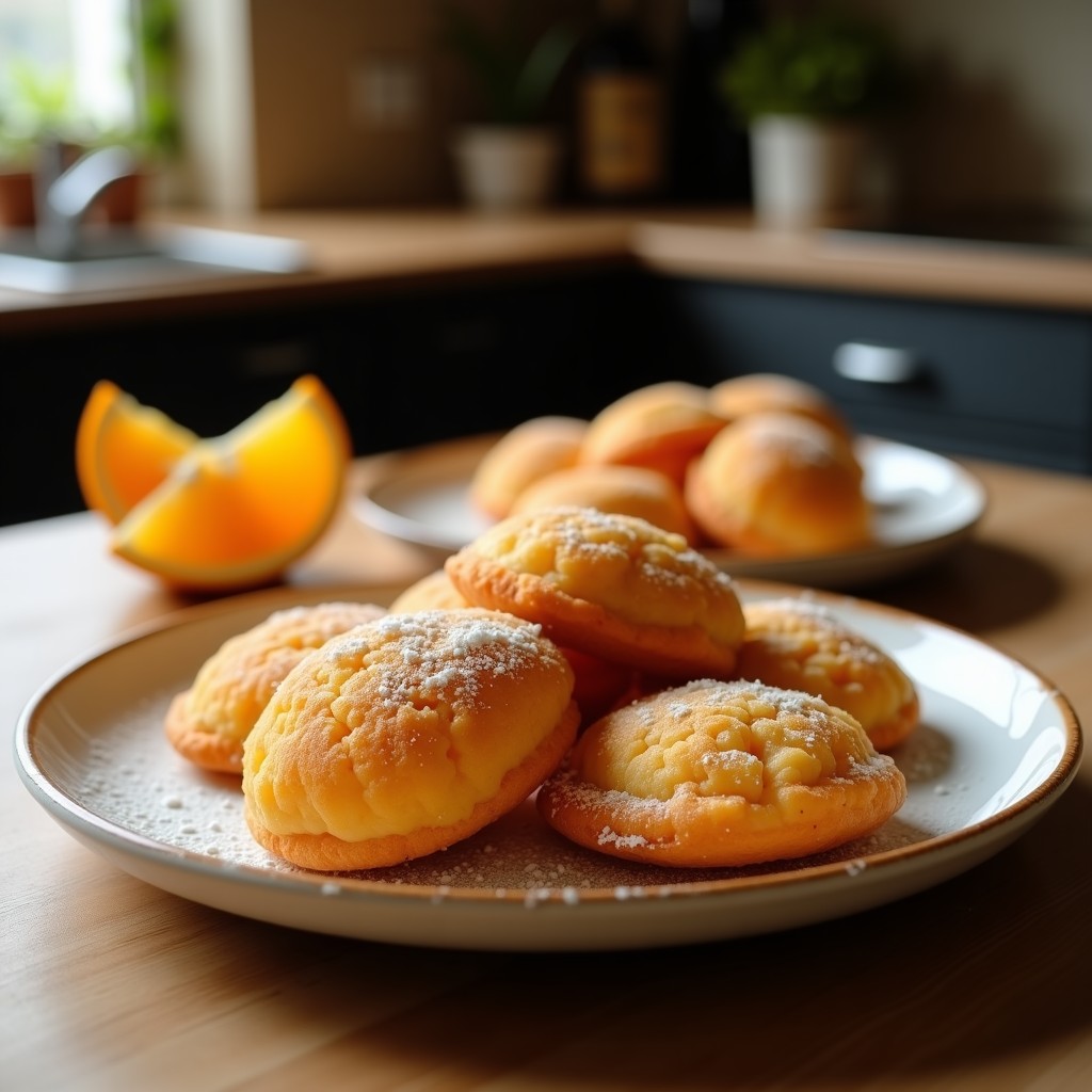 Bandeja de biscochos dorados de harina de algarroba y naranja, con textura esponjosa y almendras fileteadas en la superficie, sobre un mantel rústico de lino. Postre sin gluten y rico en calcio, ideal para merendar.