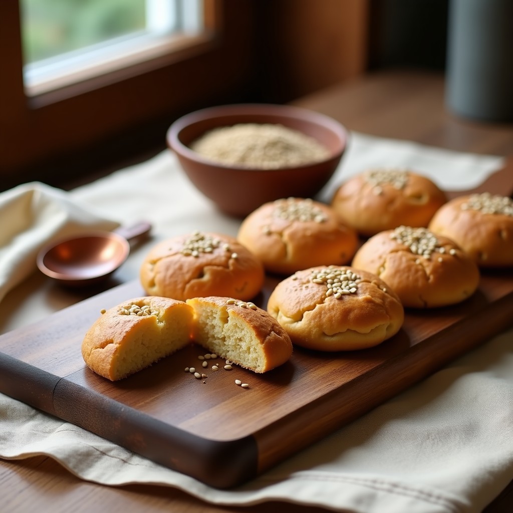 Biscochos dorados de mijo y semillas de lino sobre una bandeja de madera rústica, con textura crujiente por fuera y esponjosa por dentro. Acompañados de semillas de chía y lino espolvoreadas por encima, receta keto sin harina para desayuno.