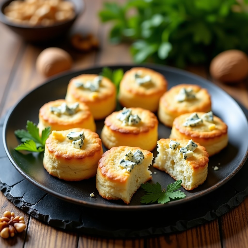 Biscochos dorados de queso azul y nueces servidos en plato de pizarra, con trozos de nuez y perejil fresco, receta express sin horno.