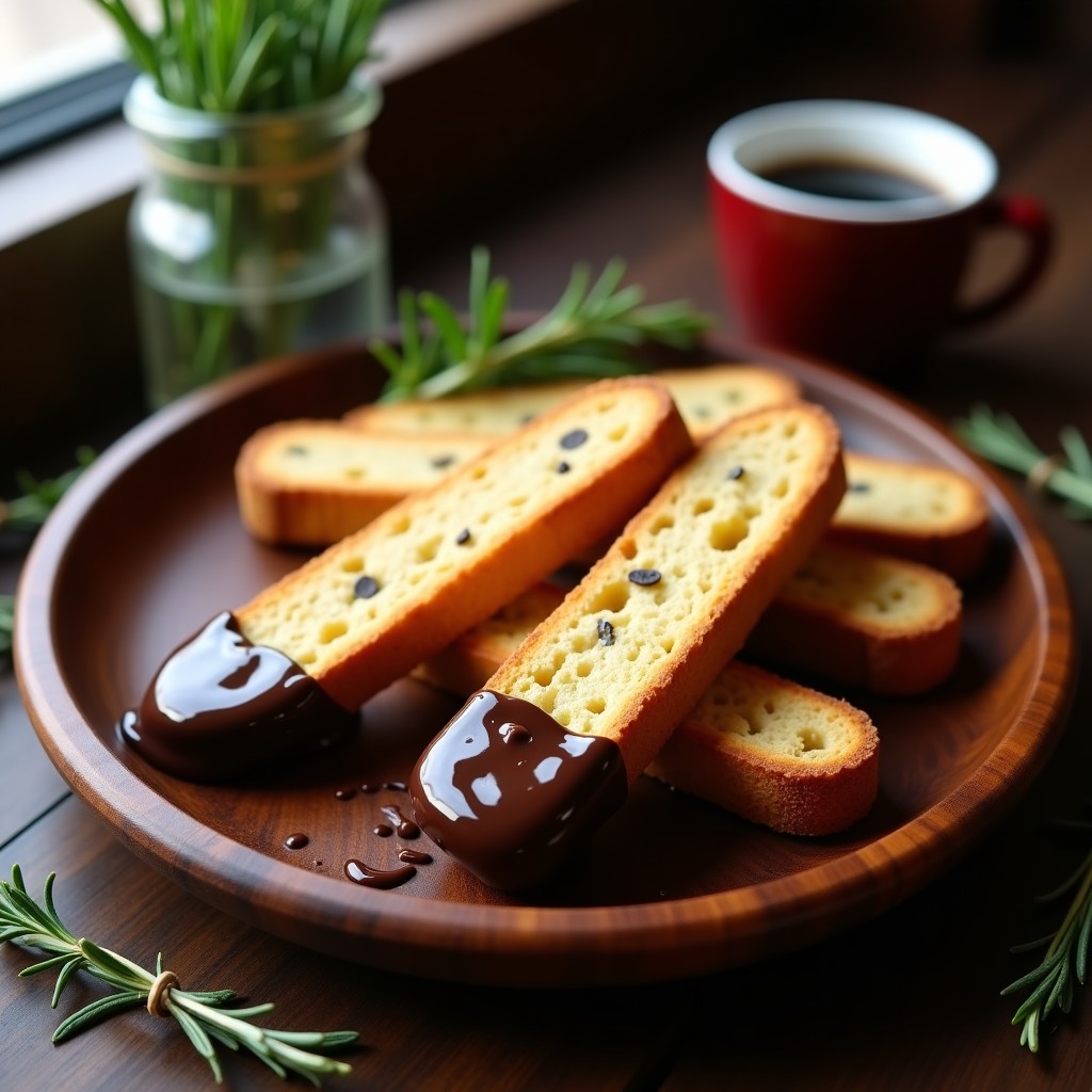 Bandeja de biscotti crujientes de almendra y romero bañados en chocolate negro 100%, postre italiano keto sin azúcar, sobre fondo rústico de madera con hojas de romero fresco.