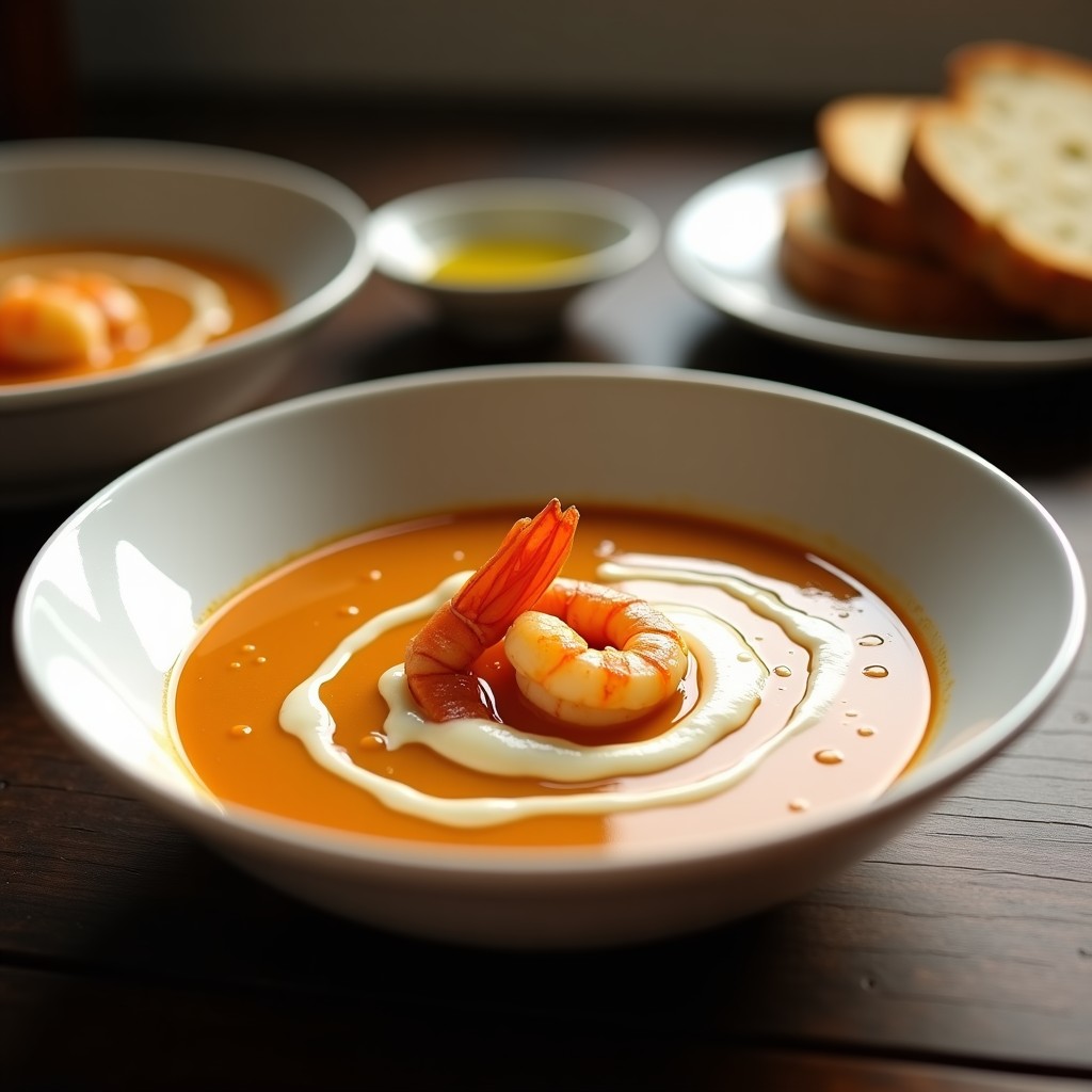 Cuenco blanco con bisque de ajo negro y gambas, espuma cremosa y gambas enteras como decoración, servido con pan tostado al lado.