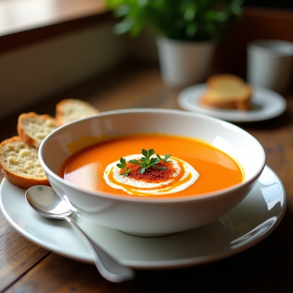 Plato hondo de porcelana blanca con bisque de cangrejo cremoso, espolvoreado con pimentón ahumado y perejil fresco, acompañado de una cucharita de nata líquida y rodajas de pan tostado.