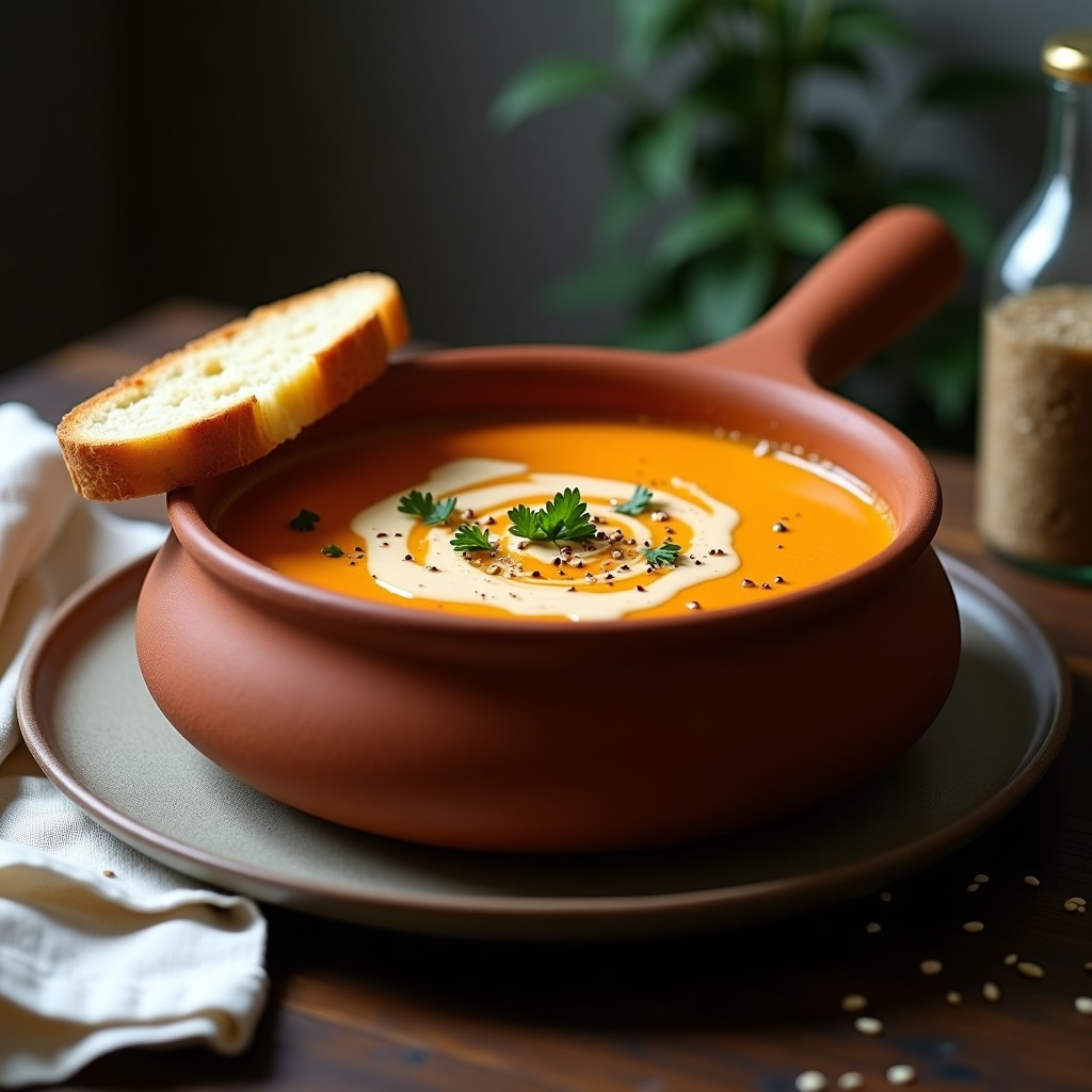 Cazuela de barro humeante con bisque de gambas cremoso y dorado, coronado con crema de ajonjolí y perejil fresco, servido con rebanada de pan tostado.