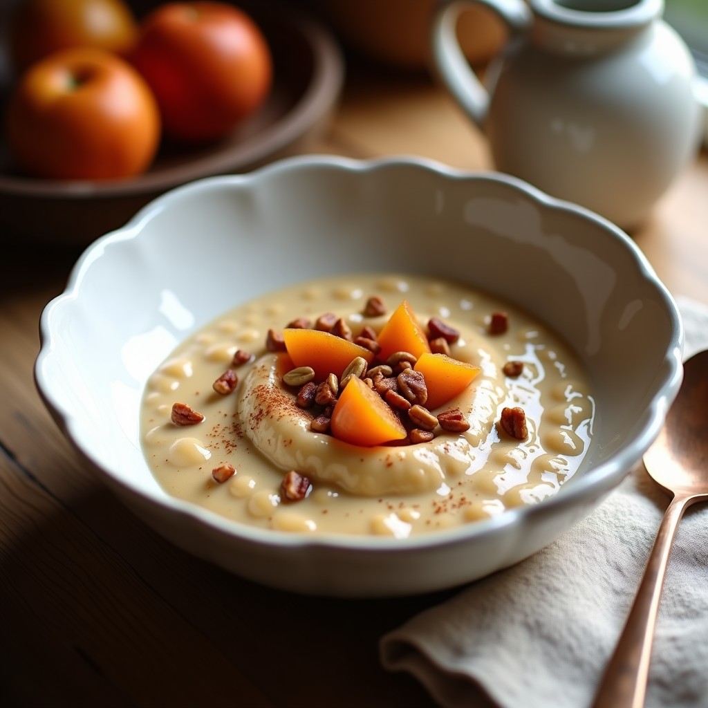 Bißchen alemán en bol de cerámica blanco con copos de avena, semillas de calabaza tostadas y compota de ciruela, decorado con nueces pecanas y canela espolvoreada. Desayuno keto y sin lactosa con textura cremosa y toques crujientes.