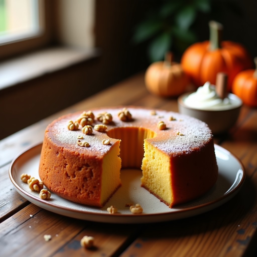 Bizcocho de calabaza y especias recién horneado en molde redondo, con textura esponjosa y dorada, decorado con nueces y un toque de canela espolvoreada.