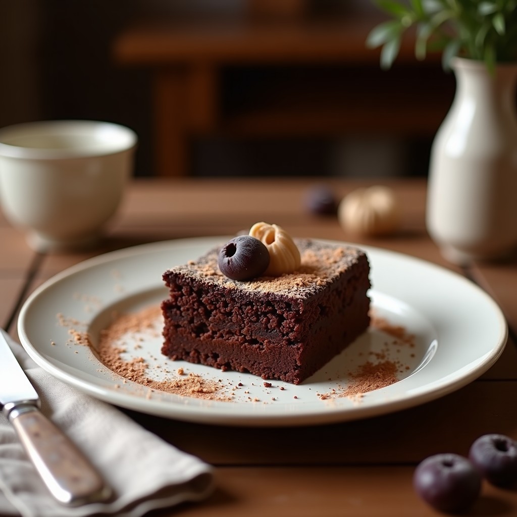 Bizcocho cebra de zanahoria y chocolate sin horno, cortado en porciones, mostrando capas alternadas de color naranja y marrón oscuro, servido en plato blanco rústico con nueces picadas por encima.