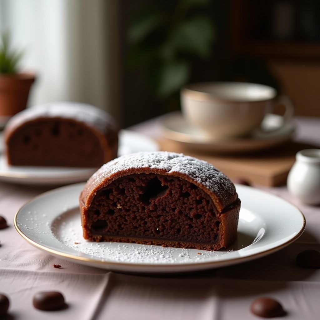 Foto de un bizcocho de chocolate y calabacín esponjoso y jugoso, cortado en rebanadas, con chips de chocolate negro en la superficie. Bizcocho de chocolate y calabacín