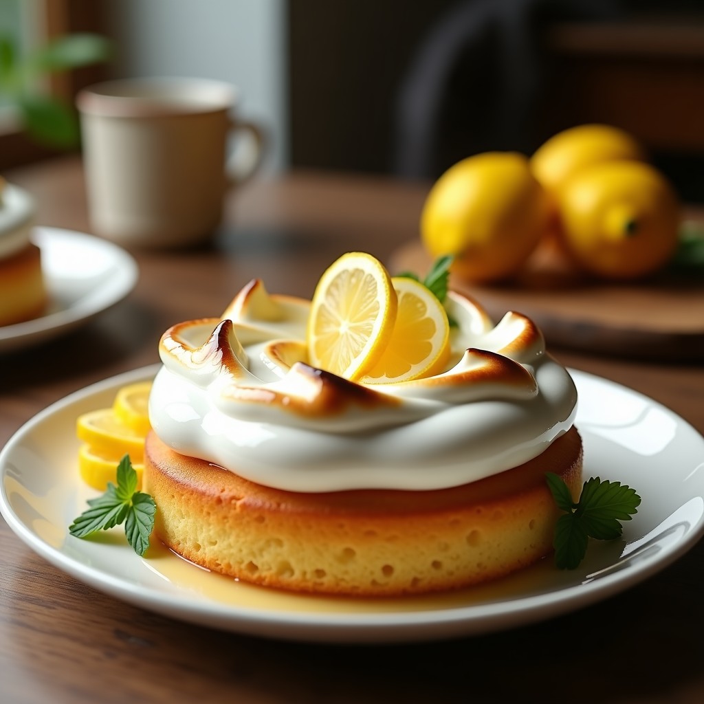 Bizcocho esponjoso de limón dorado con una capa de merengue italiano tostado, servido en plato blanco sobre fondo rústico.