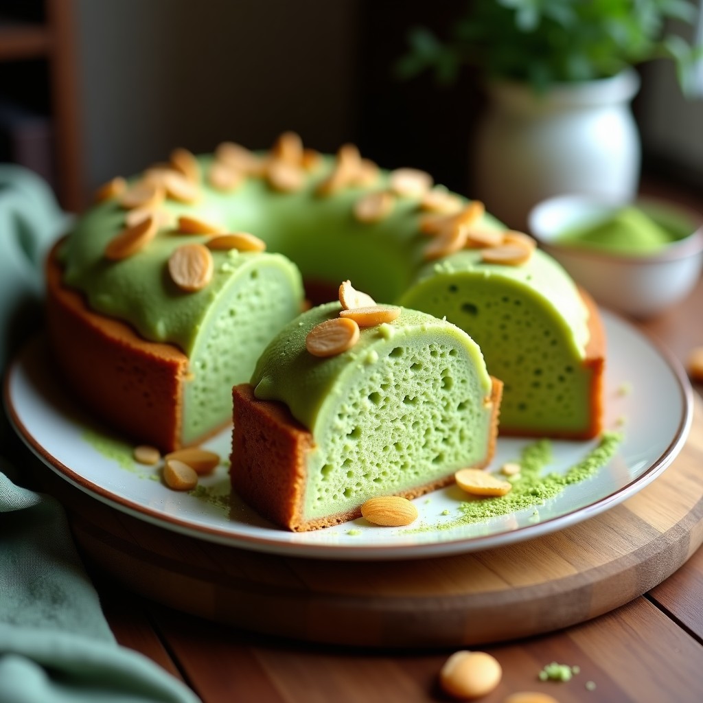 Bizcocho de harina de arroz y matcha en Thermomix, cortado en porciones, mostrando su migaja esponjosa de color verde pálido, decorado con almendras fileteadas doradas y un toque de matcha en polvo espolvoreado. Postre vegano sin gluten sobre fondo rústico de madera.