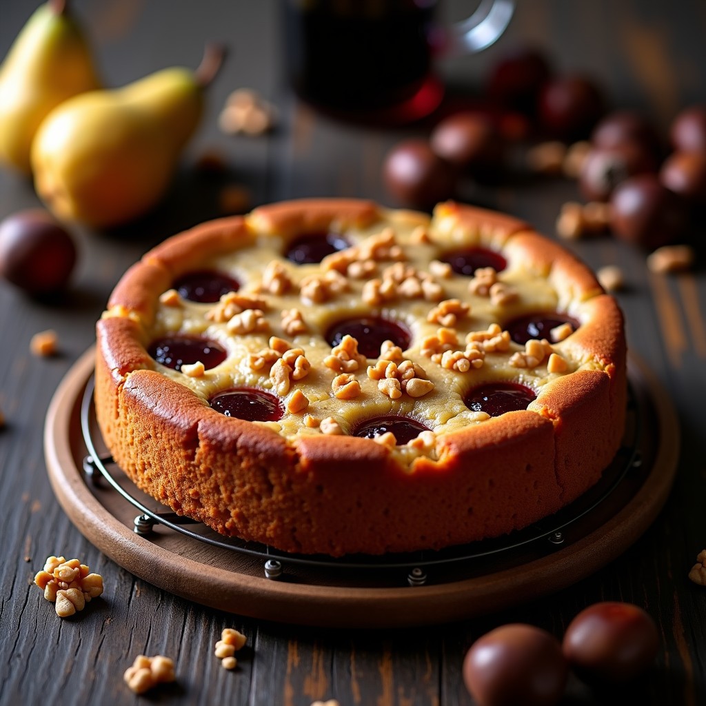 Bizcocho dorado y esponjoso de harina de castaña con trozos de pera al vino tinto, decorado con nueces picadas y un brillo húmedo. Postre sin gluten y sin lactosa sobre una rejilla de enfriado rústica.