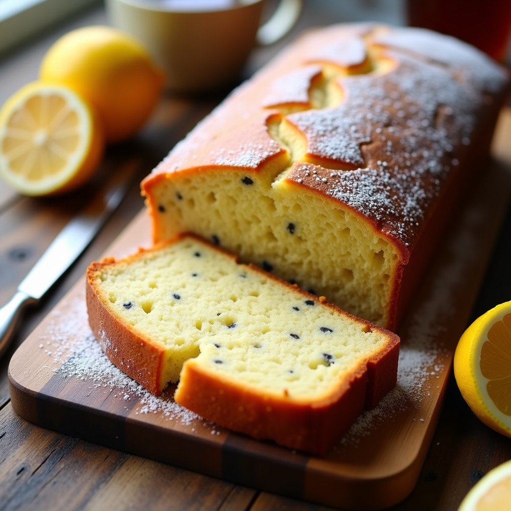 Foto de un bizcocho de limón y amapola sin gluten esponjoso y aromático, recién horneado en un molde de silicona