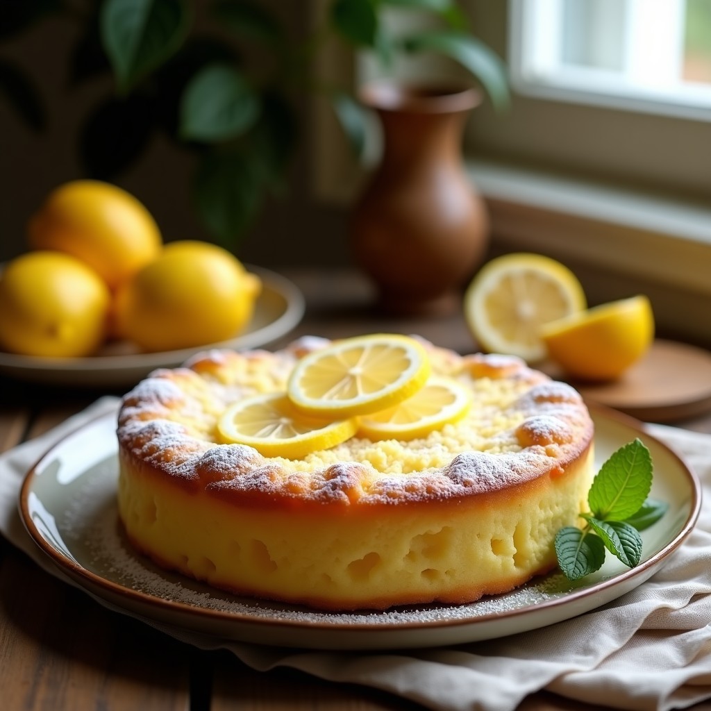 Bizcocho de limón esponjoso sin gluten en molde redondo, dorado por fuera y húmedo por dentro, decorado con rodajas de limón y azúcar glas espolvoreada.