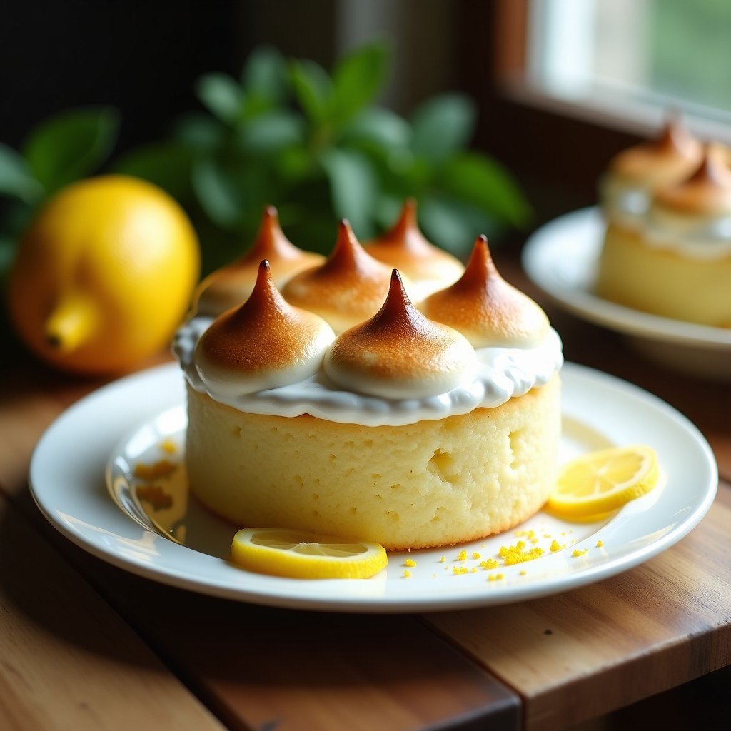 Bizcocho de limón esponjoso coronado con merengue italiano dorado, servido en plato blanco con rodajas de limón fresco y ralladura amarilla vibrante.