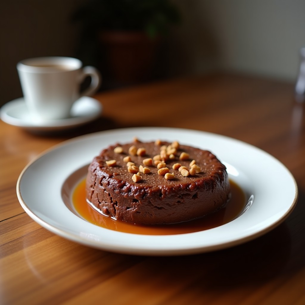 Bizcocho marmolado esponjoso con vetas de cacao y avellanas tostadas picadas, servido en plato blanco rústico con tenedor de postre.