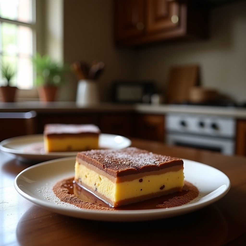 Bizcocho marmolado de cacao y plátano sin harina, cortado en rebanadas con vetas oscuras y claras, textura esponjosa y húmeda, servido en plato de cerámica blanca.
