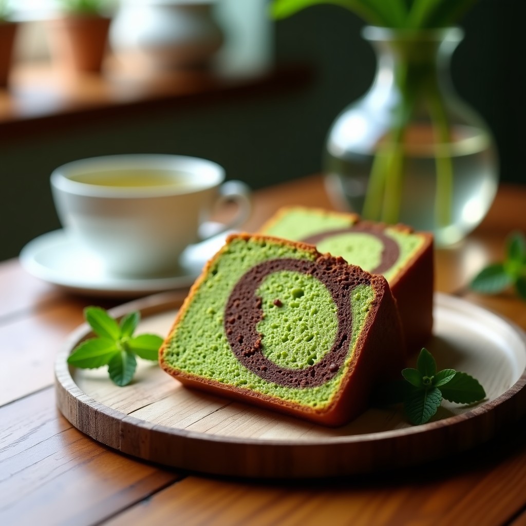 Bizcocho marmolado de matcha y chocolate en rodajas, mostrando capas verdes y marrones, sobre una tabla de madera rústica con hojas de menta y taza de té.