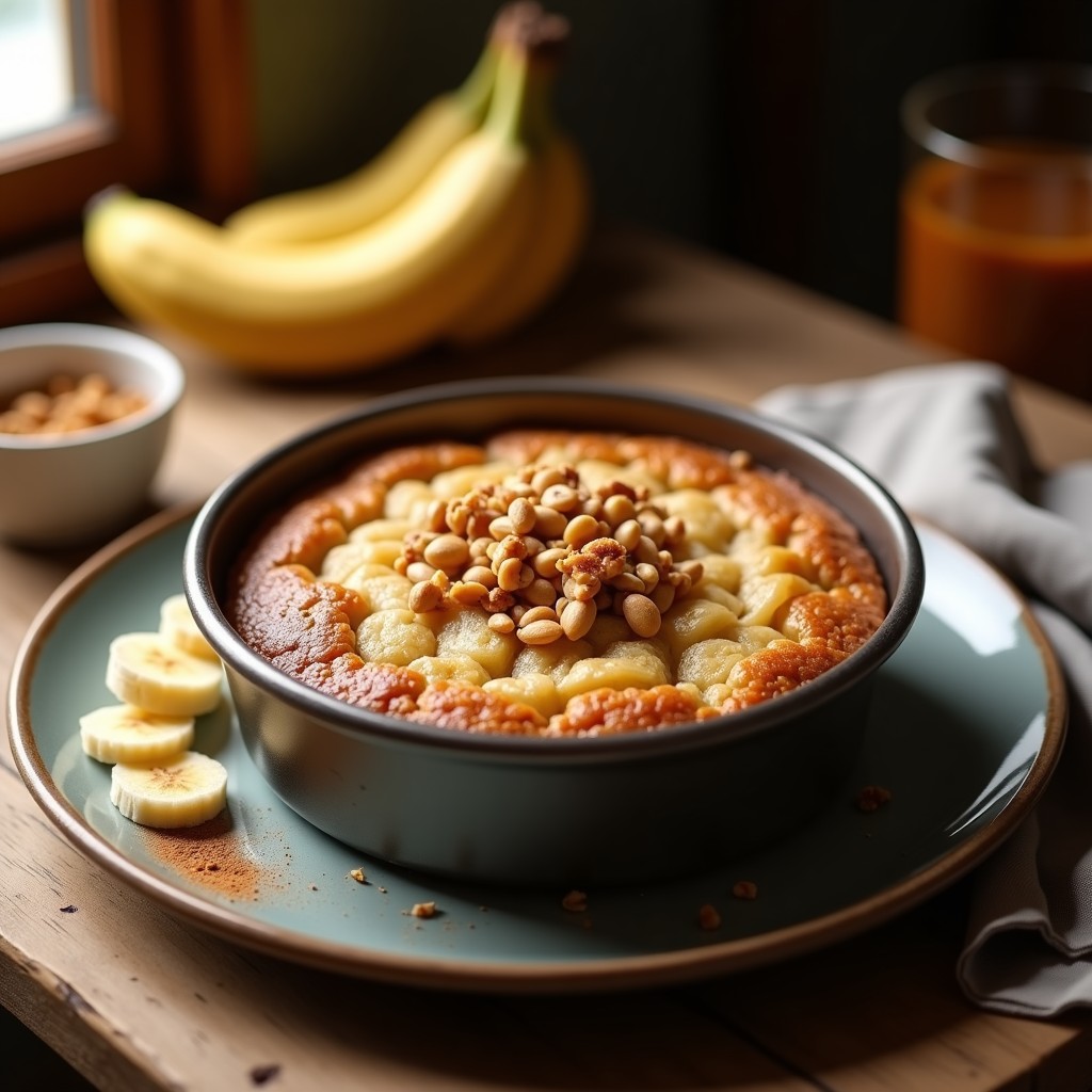Bizcocho de plátano y avena dorado en molde redondo, con textura esponjosa y trozos de nueces, receta sin horno en airfryer.