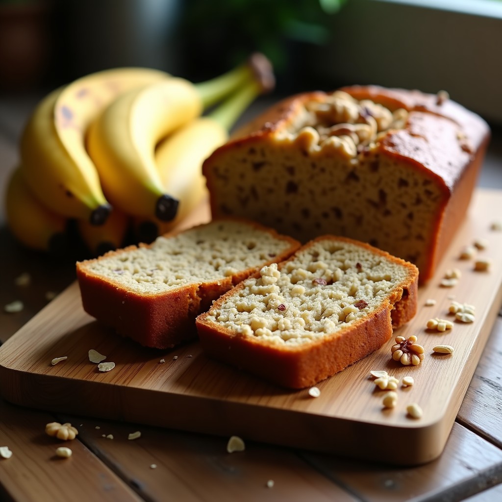 Bizcocho de plátano y avena sin huevos, dorado y esponjoso, cortado en rebanadas con trozos de nueces visibles, servido sobre una tabla de madera rústica con plátanos frescos al fondo.
