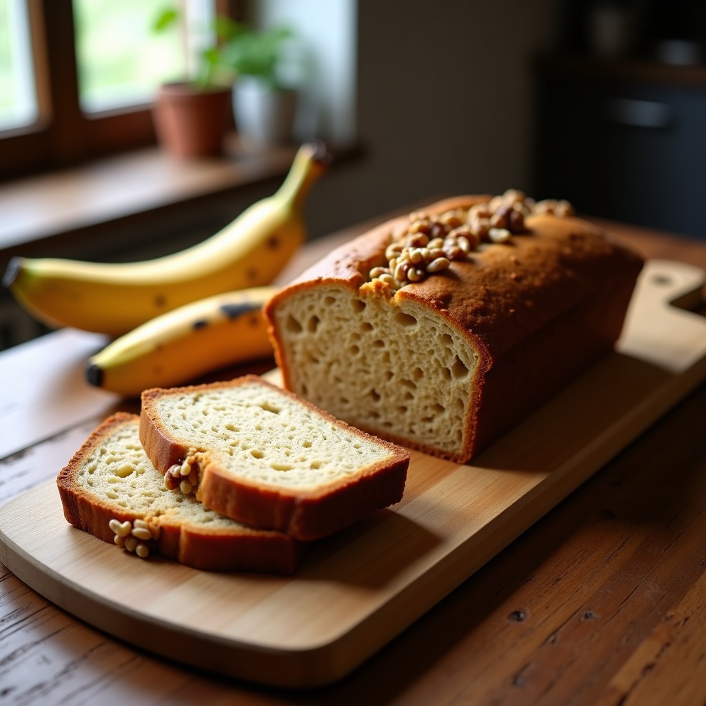 Bizcocho de plátano y nueces esponjoso recién horneado, con una textura suave y un aroma intenso, perfecto para el desayuno o la merienda