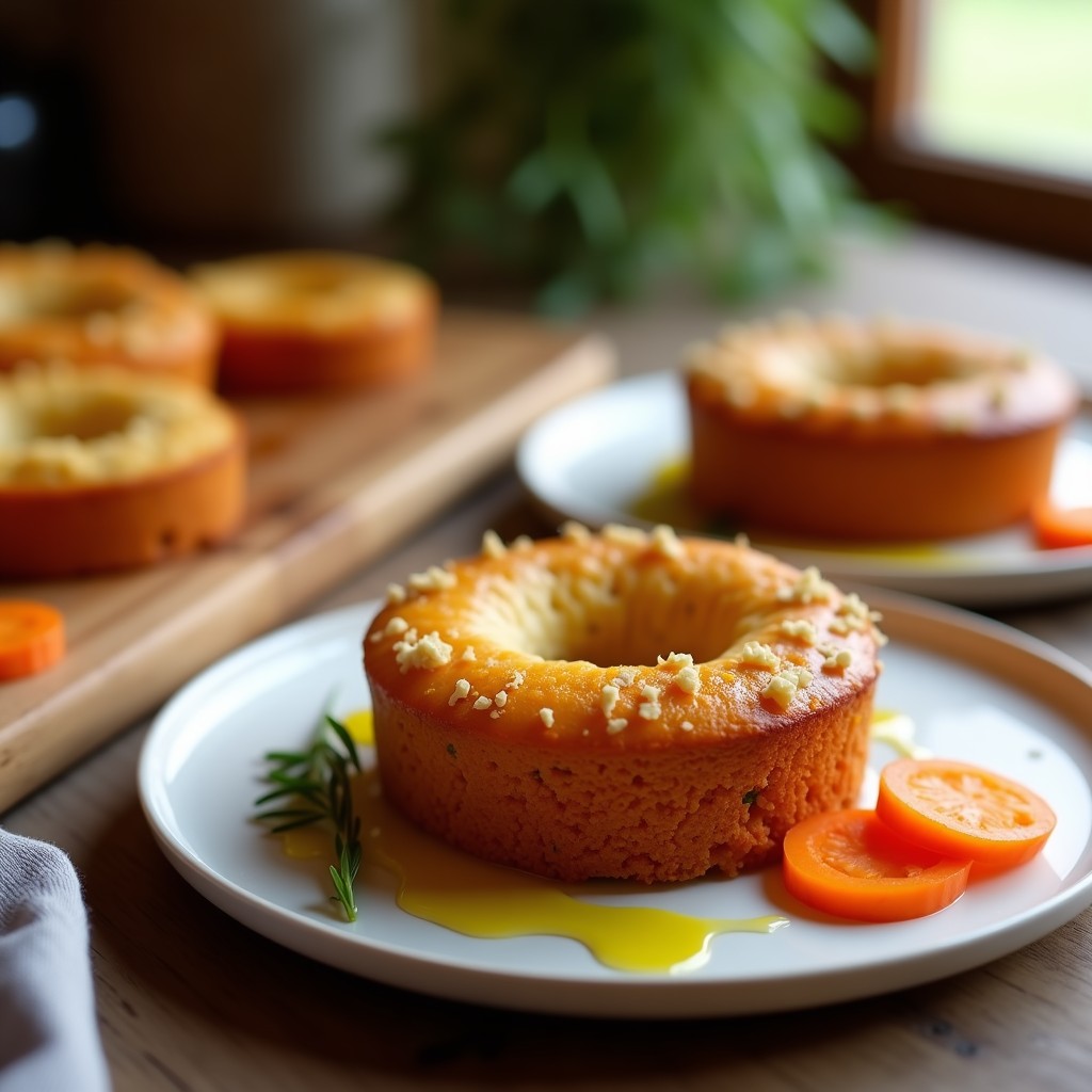 Bizcocho de zanahoria keto esponjoso con trozos de nuez, horneado en molde redondo, servido sobre tabla de madera con rodajas de zanahoria cruda y un hilo de aceite de oliva.