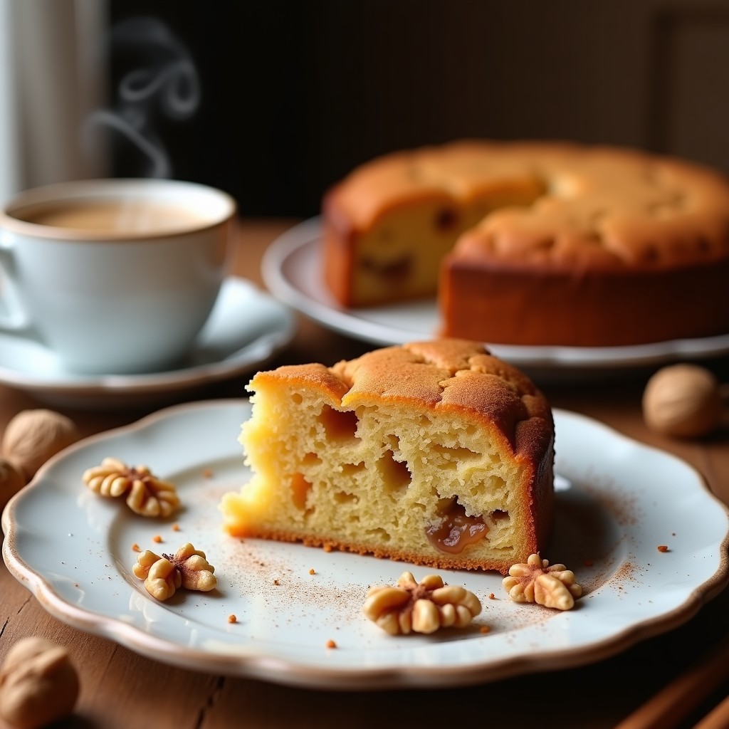 Bizcocho de zanahoria y café en Thermomix, esponjoso y dorado, con trozos de nueces visibles, servido en rodajas sobre un plato blanco rústico.