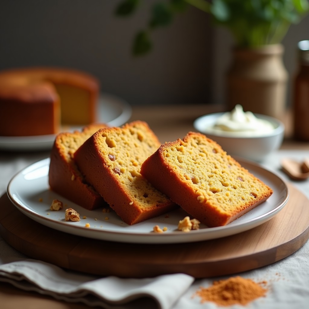 Bizcocho de zanahoria vegano en rodajas sobre una tabla de madera, con trozos de nueces visibles y una textura húmeda y esponjosa, receta alta en proteína.