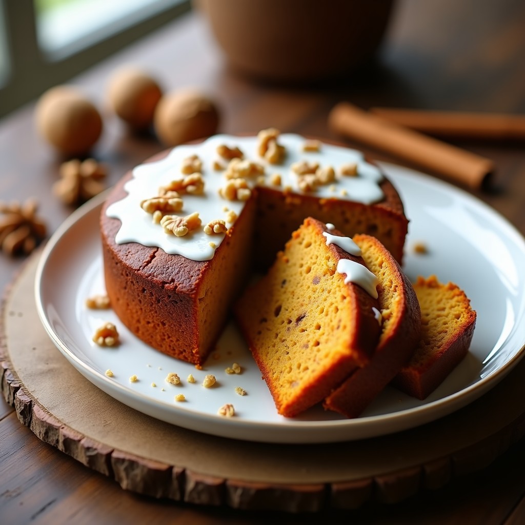 Bizcocho de zanahoria proteinado esponjoso sin harina, cortado en rebanadas, con trozos de nuez visibles y glaseado de yogur griego. Receta alta en proteína y baja en carbohidratos.
