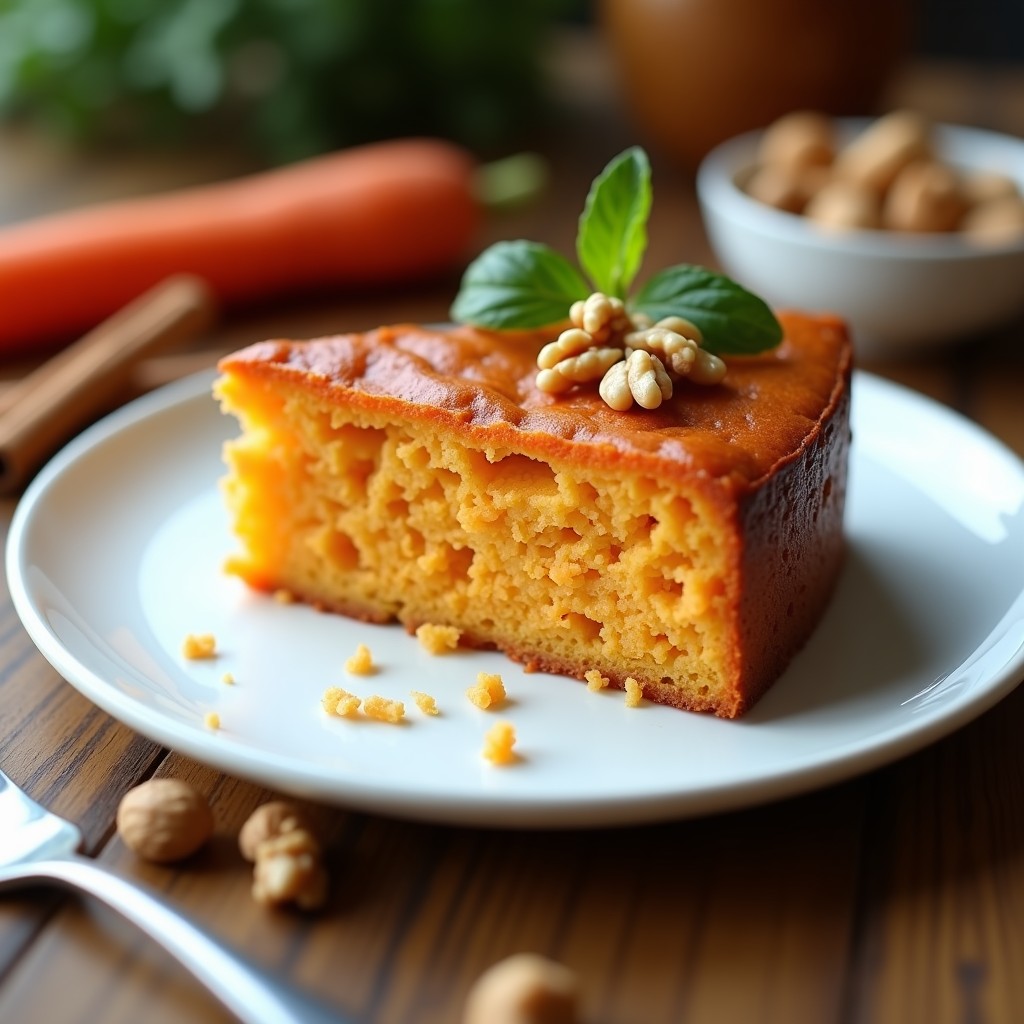 Bizcocho de zanahoria vegano sin horno, cortado en porciones, con textura húmeda y trozos de nueces visibles, servido en plato blanco rústico.