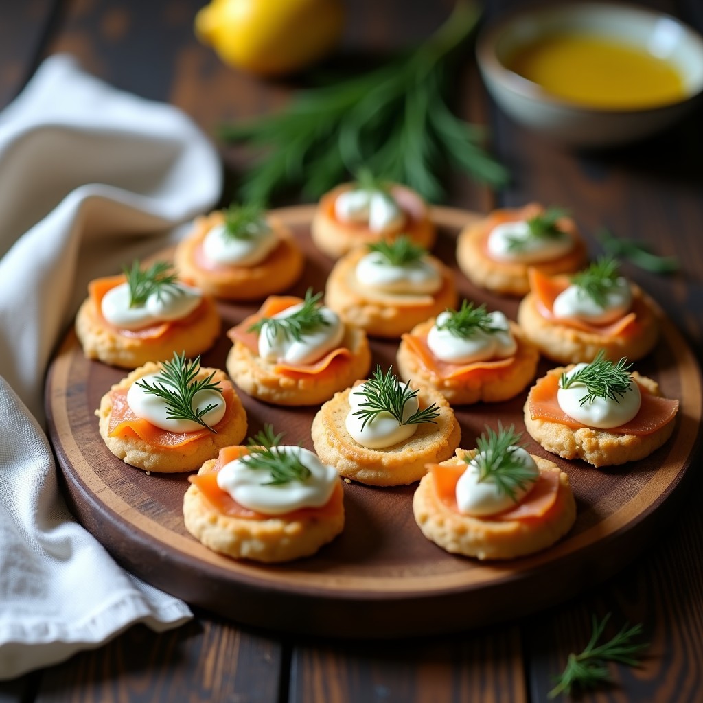 Blinis dorados de harina de almendra dispuestos en una bandeja de madera oscura, coronados con láminas de cavalá ahumado y una crema blanca de eneldo. Decorados con hojas frescas de eneldo y un hilo de aceite de oliva, sobre un fondo rústico con toallas de lino.