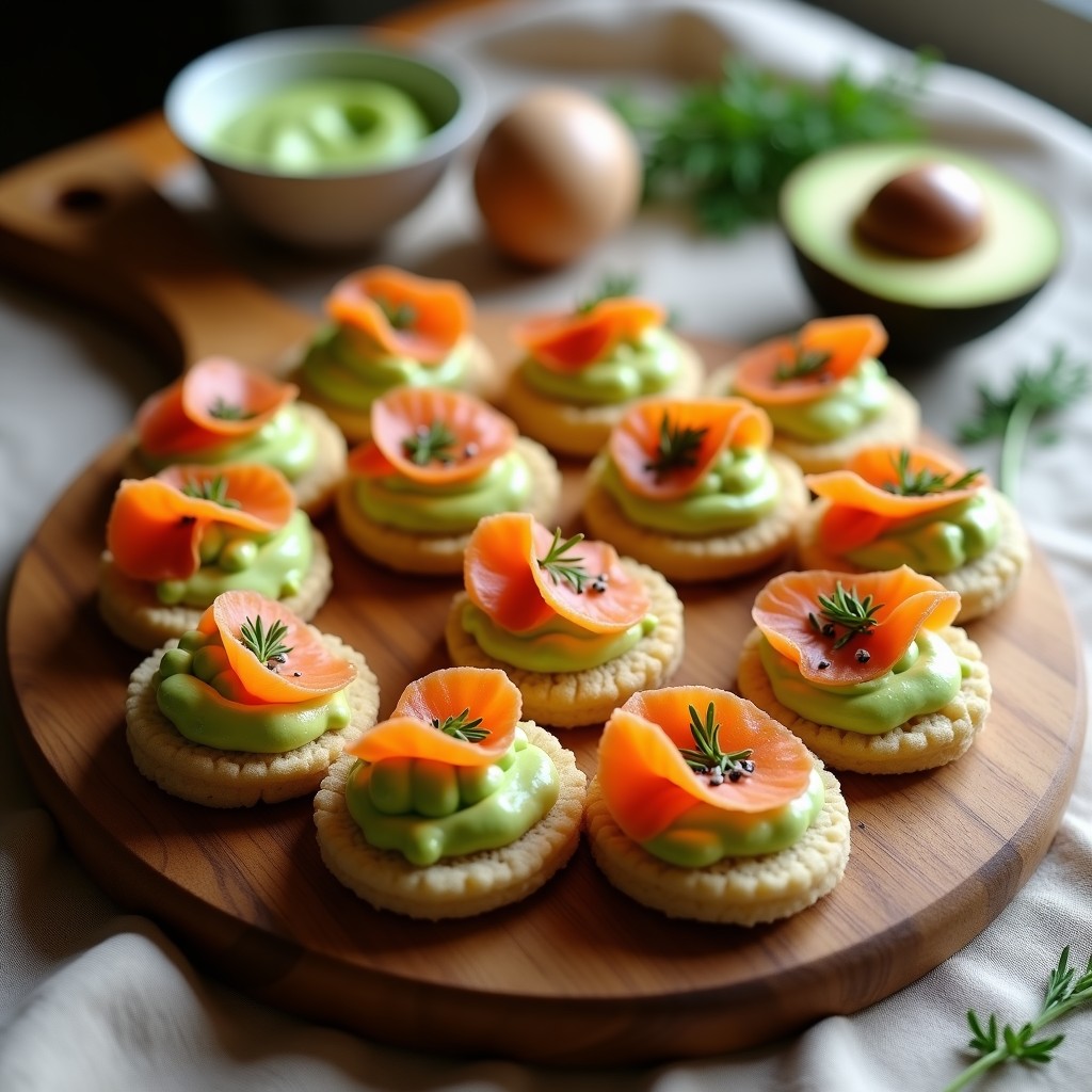 Blinis dorados de alpiste sin gluten servidos en bandeja de madera, coronados con crema de aguacate suave, láminas de salmón ahumado y semillas de sésamo negro. Aperitivo ruso saludable y elegante.