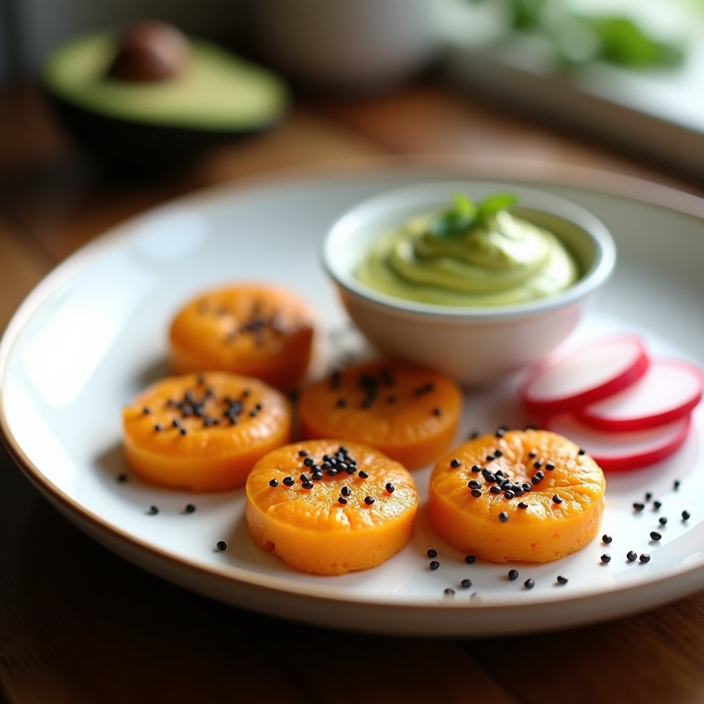 Plato blanco con blinis dorados de batata espolvoreados con semillas de amapola negras, servidos con crema de aguacate y rodajas de rábano. Receta sin gluten para aperitivos elegantes.