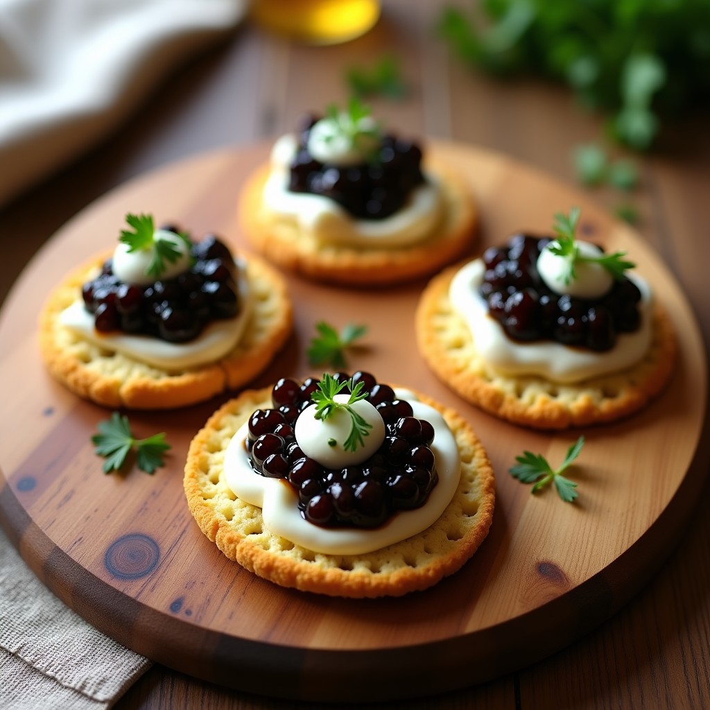 Blinis dorados de coliflor con una generosa capa de crema de anacardos blanca y caviar de berenjena oscuro, decorados con cebollino picado. Plato elegante para aperitivo keto y sin gluten.