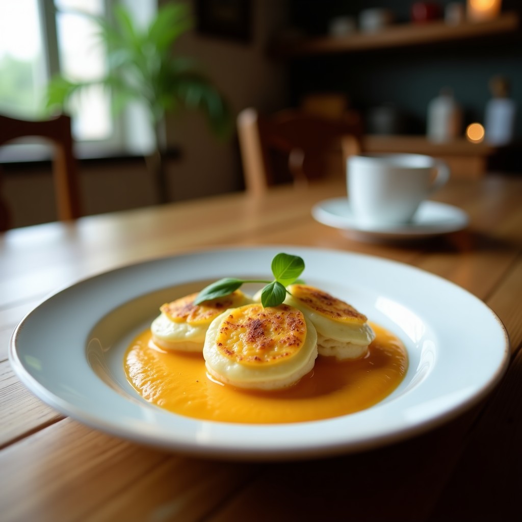 Blinis dorados de coliflor con textura crujiente, coronados con crema de salmón ahumado y eneldo fresco, servidos en bandeja de madera para brunch keto y sin gluten.