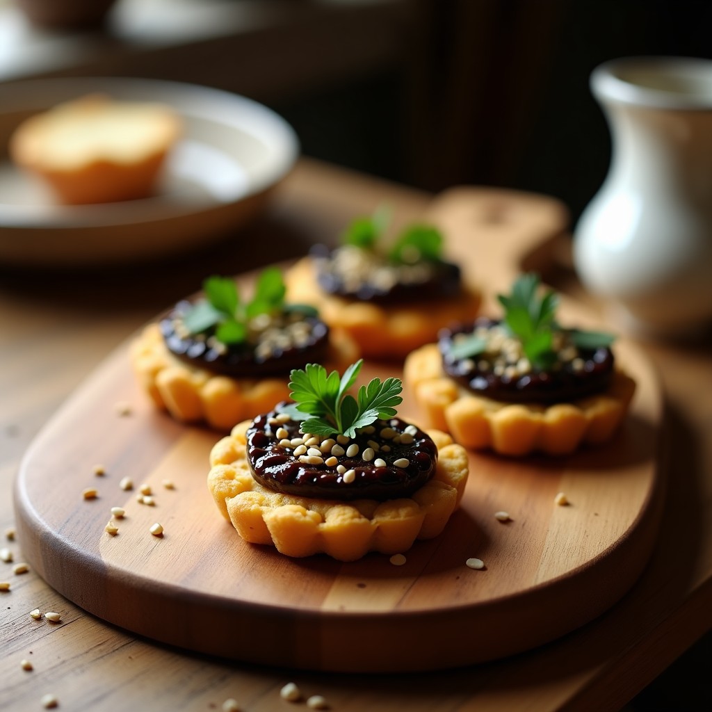 Blinis dorados de garbanzo con caviar de berenjena ahumada cremoso, decorados con semillas de sésamo y perejil fresco. Aperitivo ruso-vegano sin gluten sobre tabla de madera rústica.