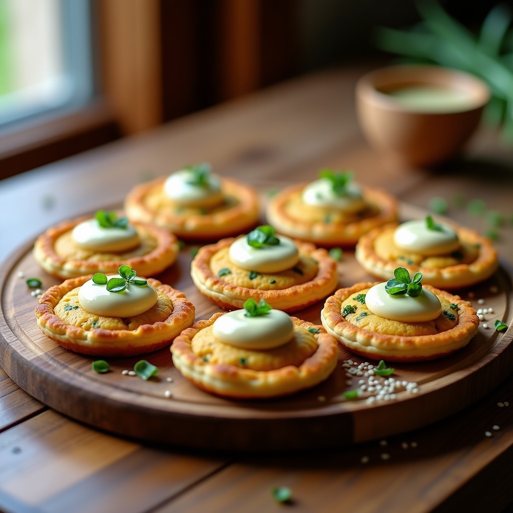Blinis dorados de garbanzo y espinacas con crema de anacardos en un plato de madera, decorados con perejil fresco y semillas de sésamo, aperitivo vegano crujiente en airfryer.