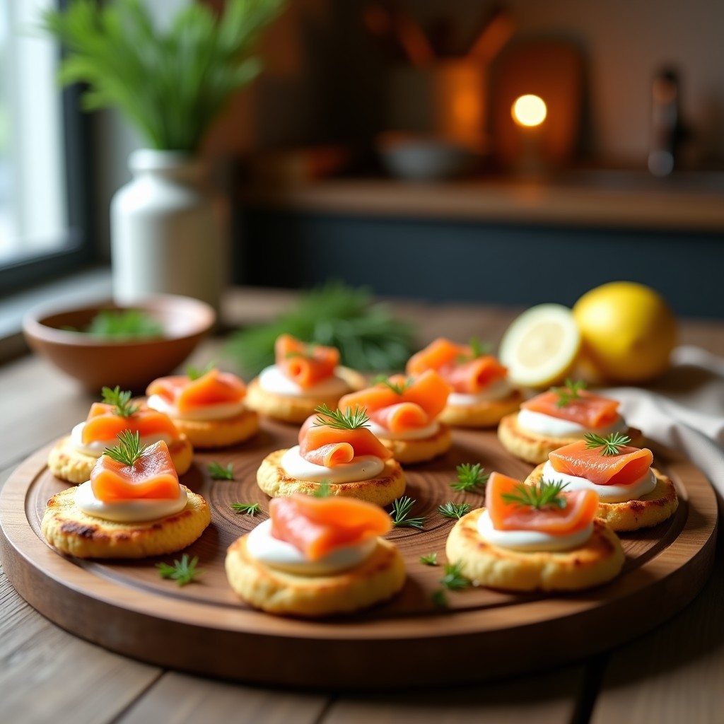 Blinis dorados de harina de guisante en airfryer, con crema de queso y aneto, coronados por láminas de salmón ahumado y semillas de sésamo negro, aperitivo ruso keto elegante.