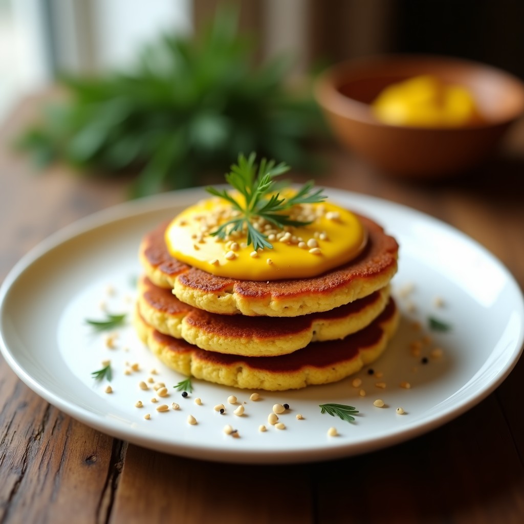 Blinis dorados y esponjosos de lentejas rojas servidos en una tabla de madera rústica, acompañados de un bol de crema de cúrcuma amarilla brillante y decorados con eneldo fresco. Receta vegana y sin gluten.