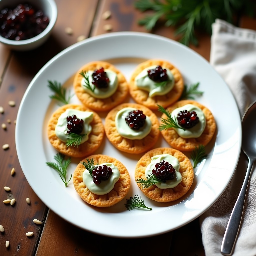 Blinis de Lino con Caviar de Berenjena y Crema de Eneldo: Aperitivo Keto Sin Horno
