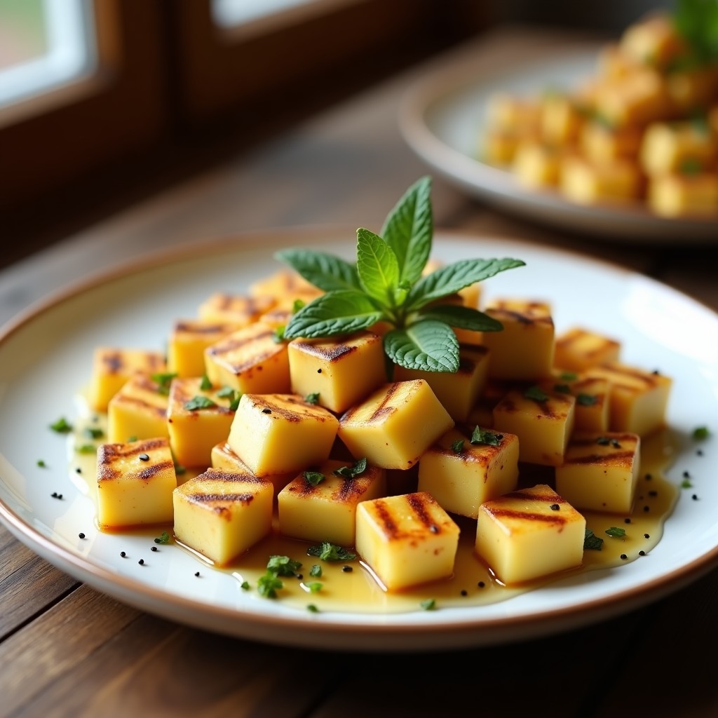 Fuente de madera con bocaditos dorados de queso halloumi a la plancha, bañados en miel de tomillo y espolvoreados con pistachos picados y semillas de sésamo. Decorados con hojas de menta fresca sobre un fondo rústico de madera clara.