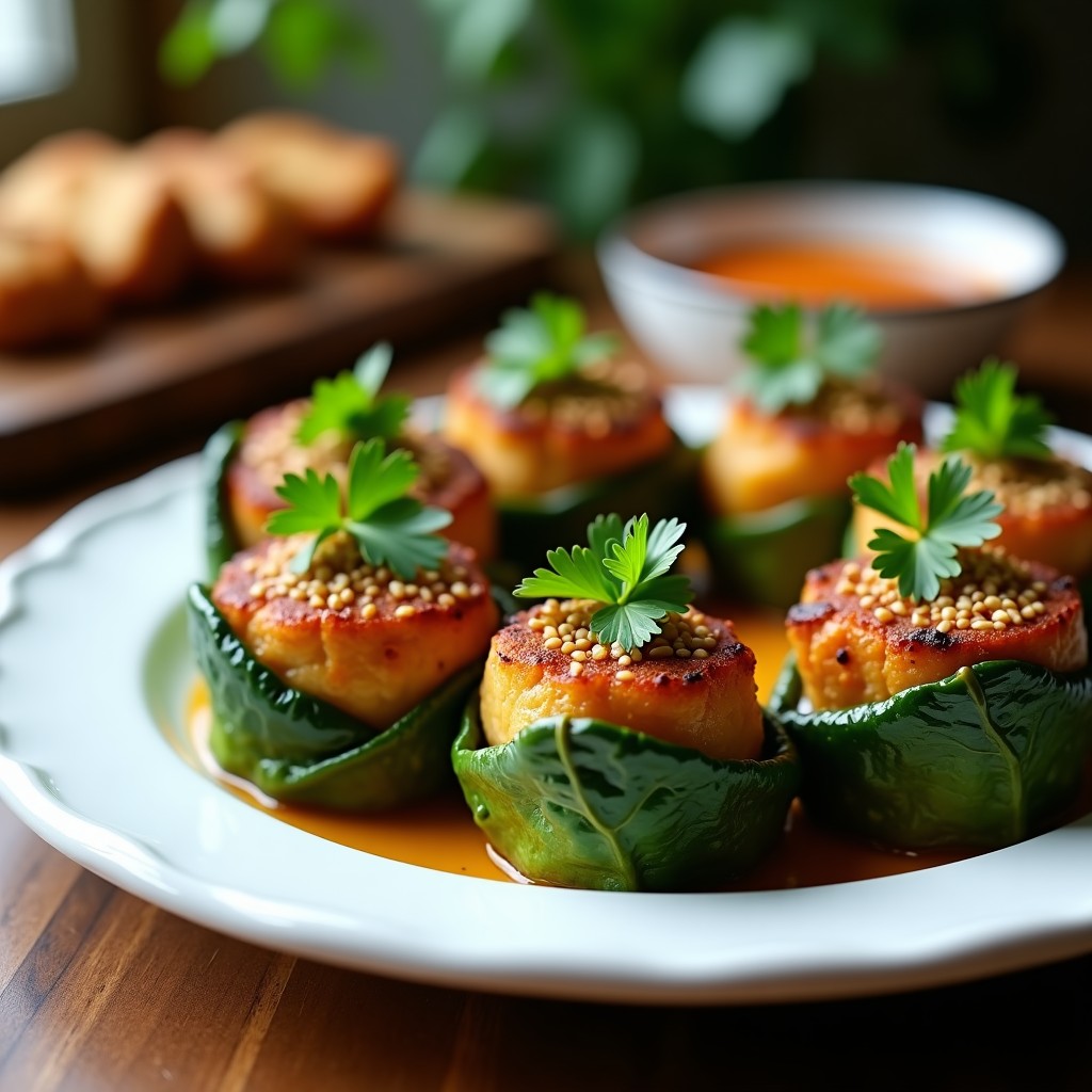 Bocaditos dorados de pollo al curry envueltos en hojas de col rizada crujientes, servidos en una bandeja de madera con cilantro fresco espolvoreado, receta keto en airfryer y alta en proteína.