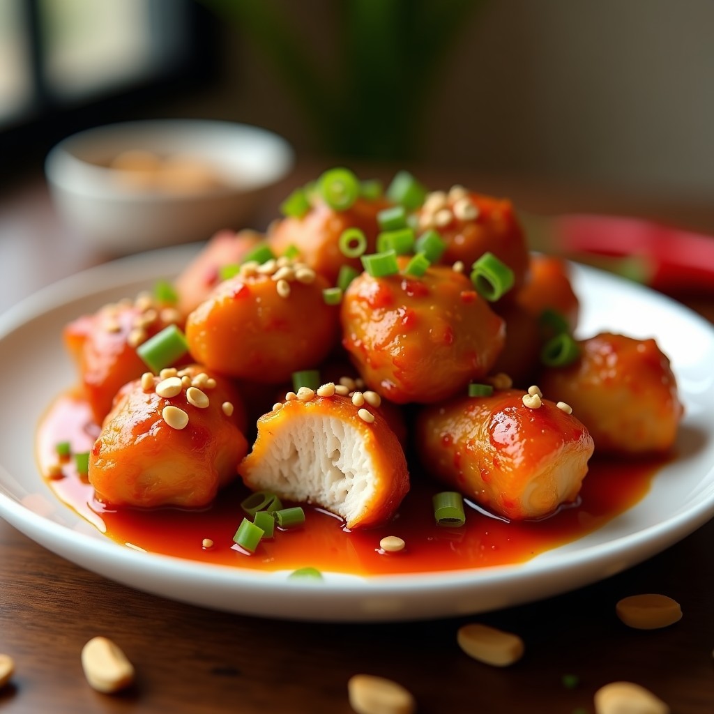 Bandeja de madera con bocaditos de pollo al Szechuan dorados y crujientes, cubiertos con salsa espesa de cacahuetes tostados y trozos de chile rojo, decorados con cebollino fresco. Receta china picante en airfryer.