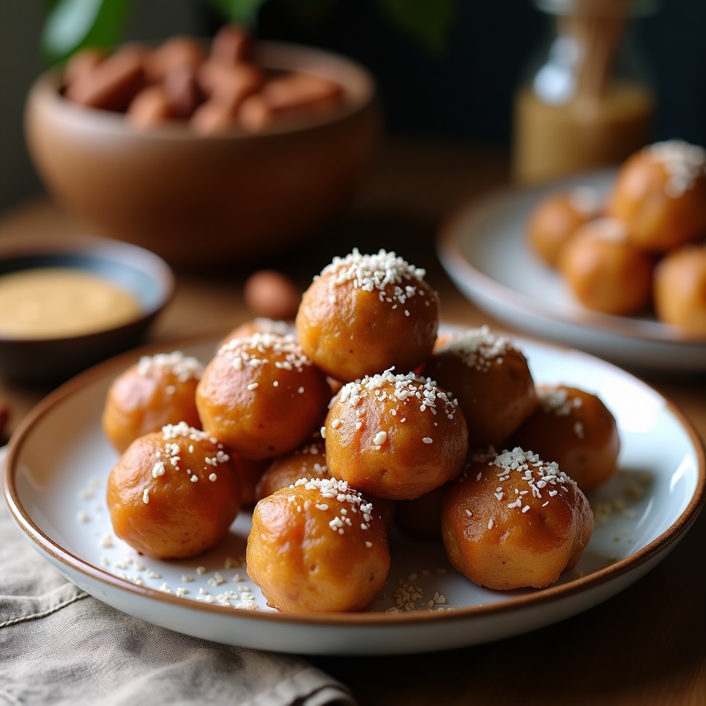Bolas de dátil y coco rellenas de mantequilla de almendra dispuestas en un plato de madera rústico, con coco rallado y almendras fileteadas visibles en la superficie. Snack energético sin azúcar y sin horno.