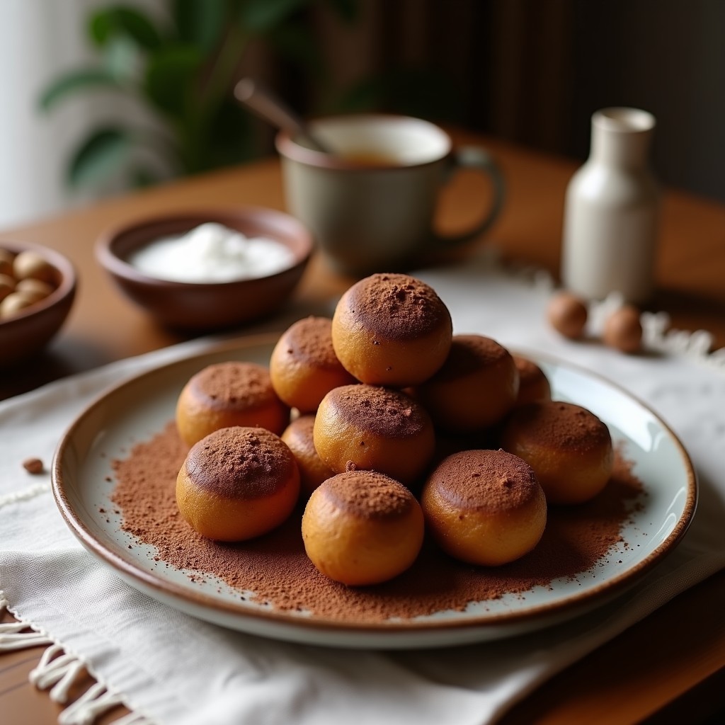Bolas de dátiles y nueces con cacao, receta energética para deportistas, servidas en un plato blanco con coco rallado y cacao espolvoreado.